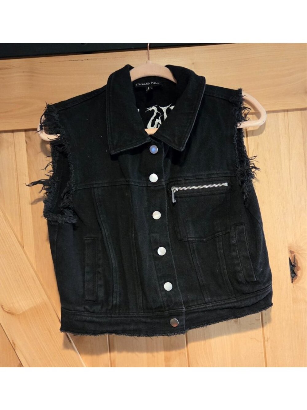Women's Size L Embroidered DOLLS KILL Black Denim Vest Raw distressed Hem